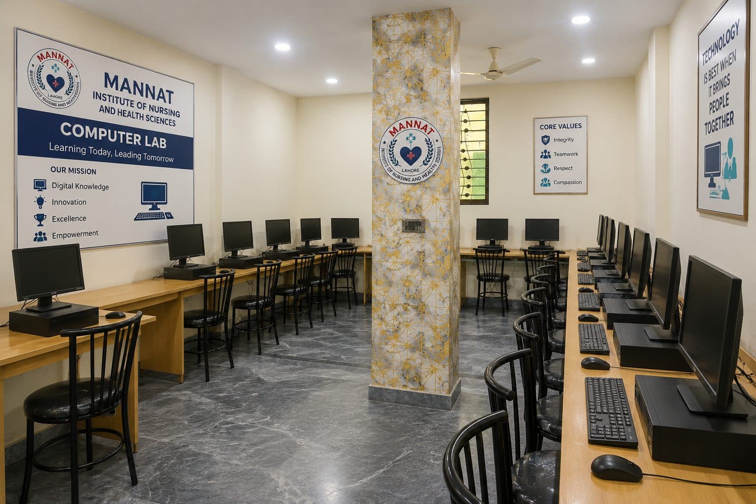 Mannat Institute computer lab with rows of workstations