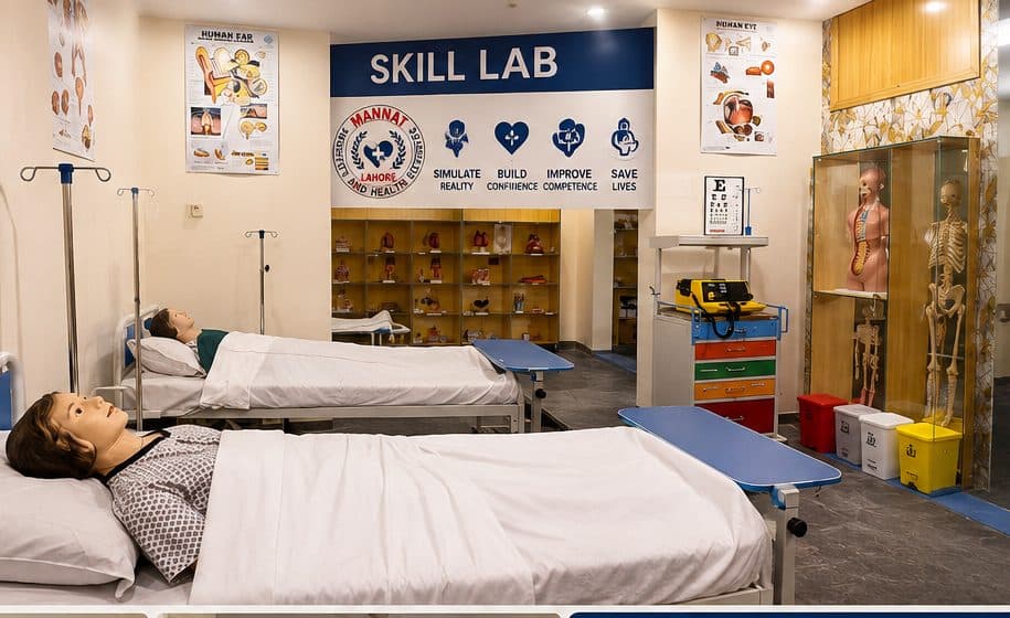 Mannat Institute skill lab with simulation mannequins, hospital beds and anatomy models